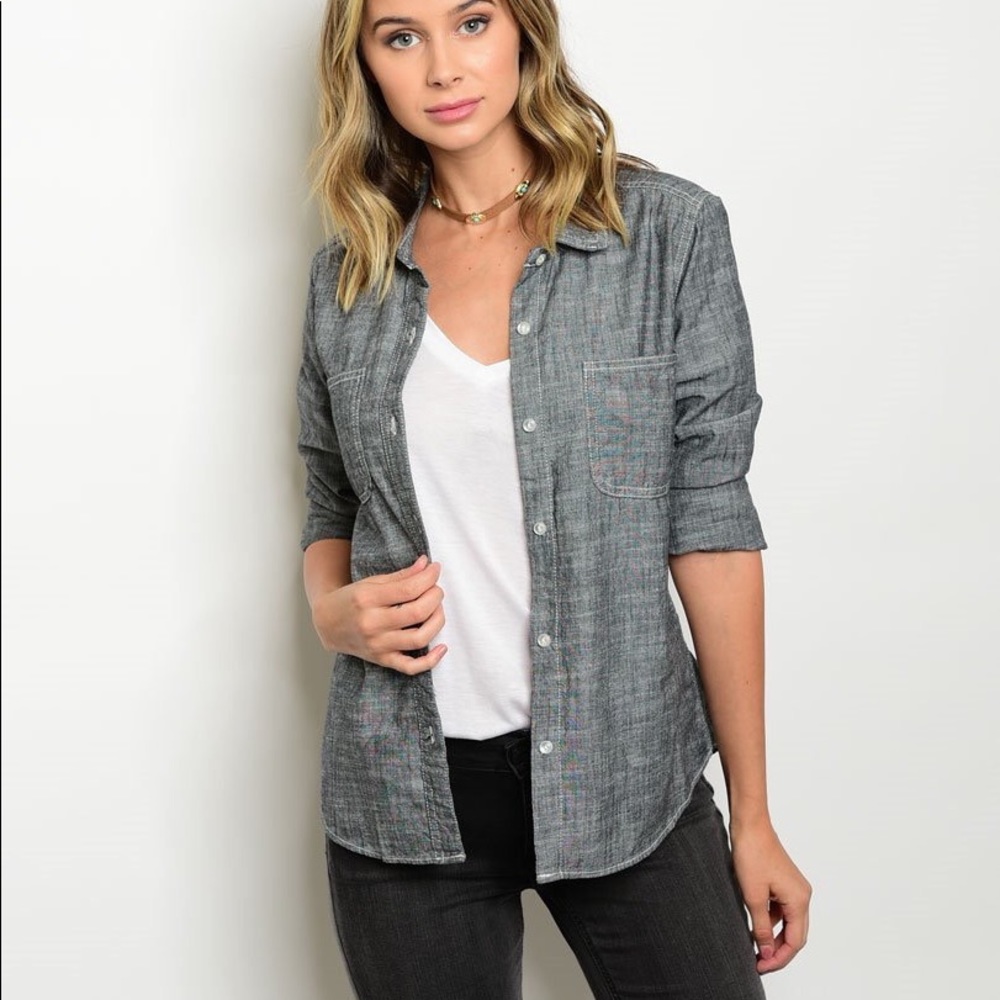 Black Denim Chambray Button Up - Picture 2 of 6